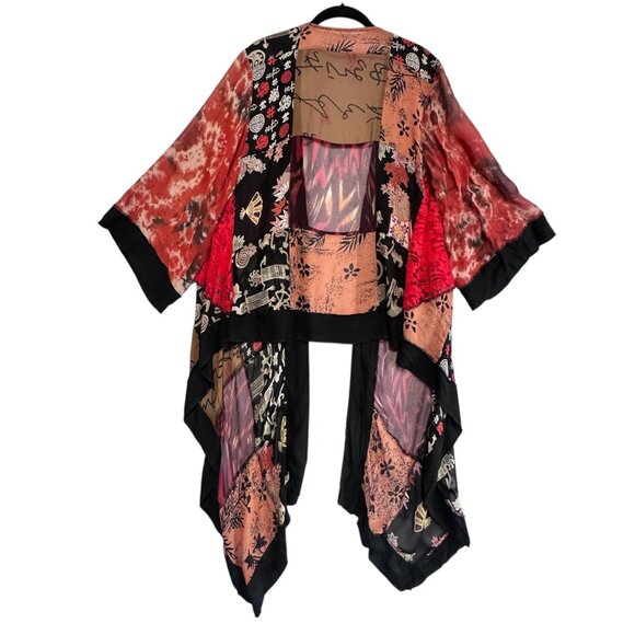 Boho Patchwork Kimono Cardigan Sheer Open Front Asymmetric One Size Rayon - Picture 4 of 9